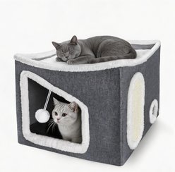 MIXJOY Foldable Cat House with Plush Balls & Scratching Post, Gray, Large slide 2 of 6