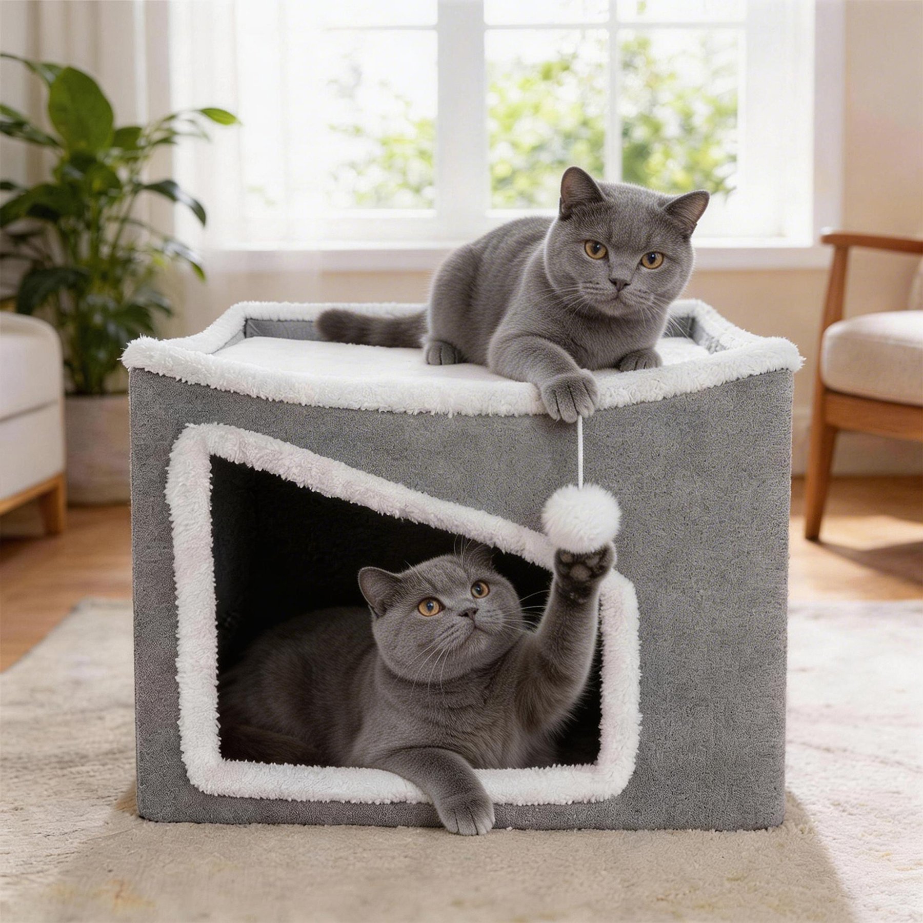 JOEJOY Single-Story Foldable Cat House with Fluffy Ball & Scratch Pad, Grey, Large