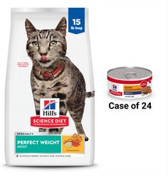 Hill's Science Diet Adult Perfect Weight Chicken Recipe Dry Cat Food, 15-lb bag + Hill's Science Diet Adult 7+ Savory Chicken Entree Canned Cat Food, 5.5-oz, case of 24