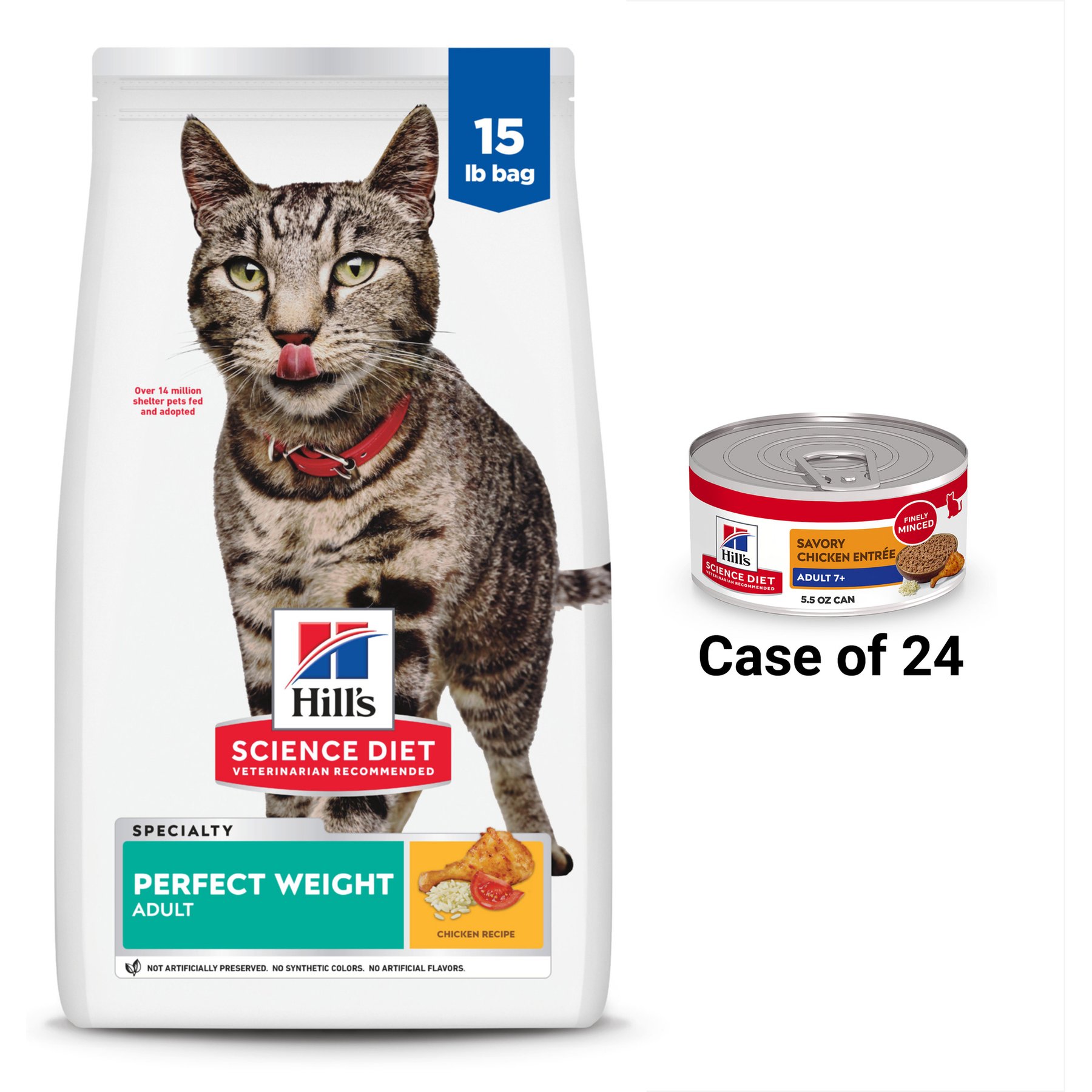 Hill's Science Diet Adult Perfect Weight Chicken Recipe Dry Cat Food, 15-lb bag + Hill's Science Diet Adult 7+ Savory Chicken Entree Canned Cat Food, 5.5-oz, case of 24