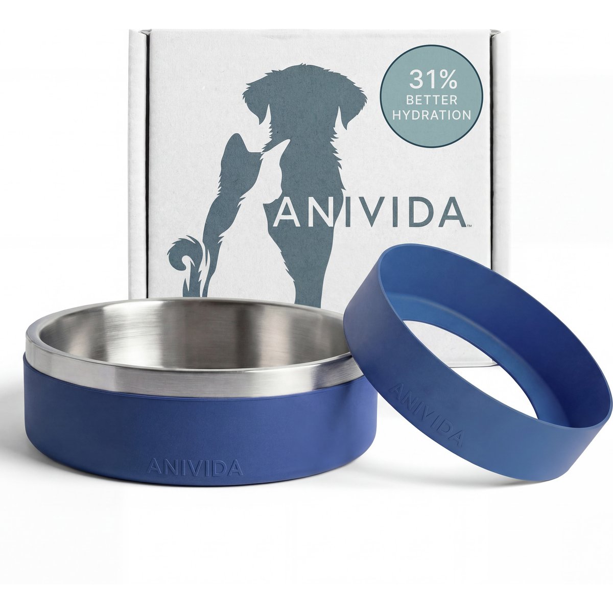 Anivida Non-Skid Stainless Steel Dog Bowl & 2 Peanut Butter Scented Sleeve Starter Kit, Blue, Small: 18-oz