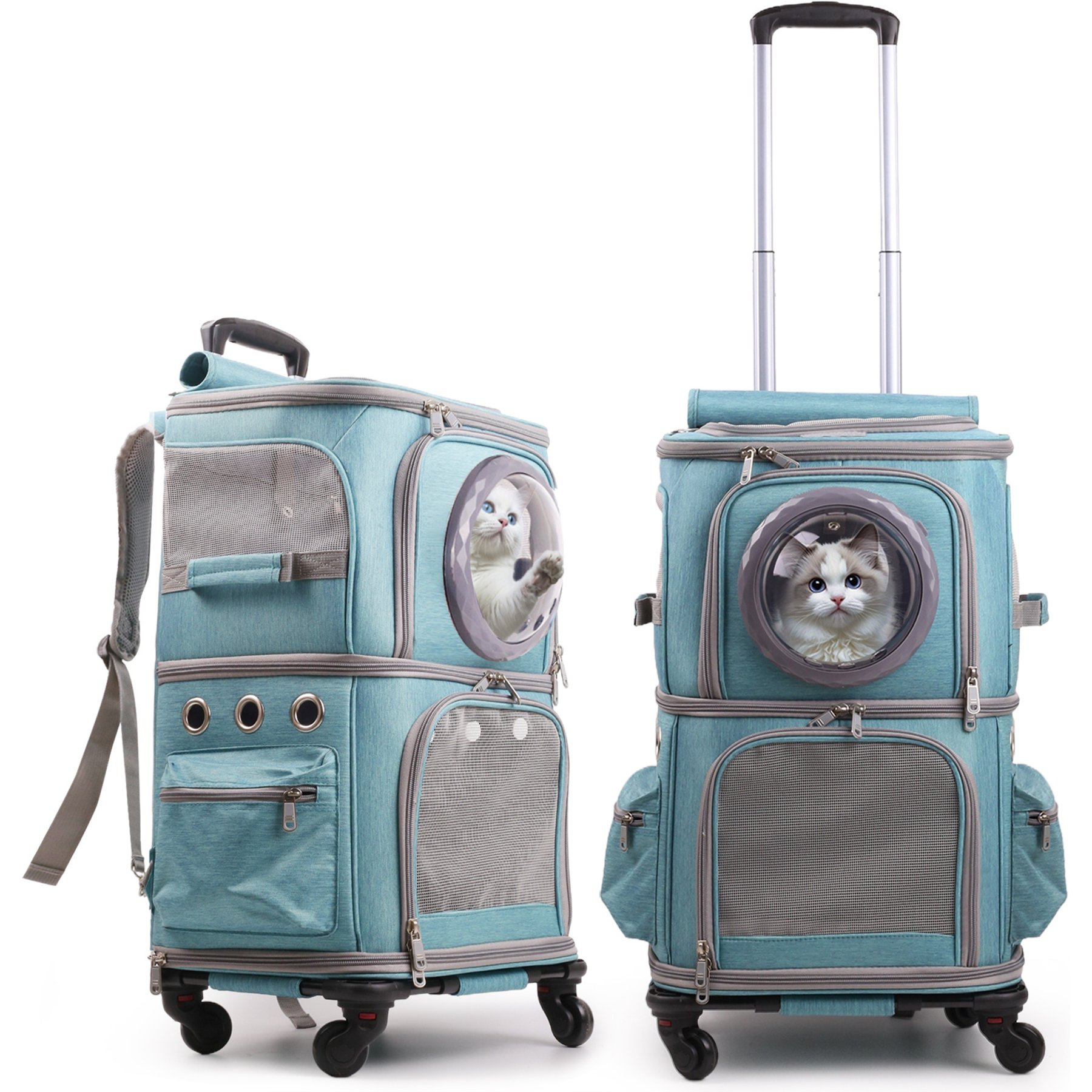 Halinfer 2-in-1 Double Compartments Rolling Backpack Dog & Cat Carrier, 22-in, Green