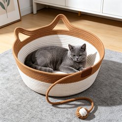 DOPZER Round Breathable All-Season Cotton Rope Cat Bed Basket, Brown, Medium