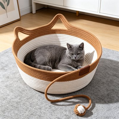 DOPZER DOPZER Round Breathable All-Season Cotton Rope Cat Bed Basket, Brown, Large