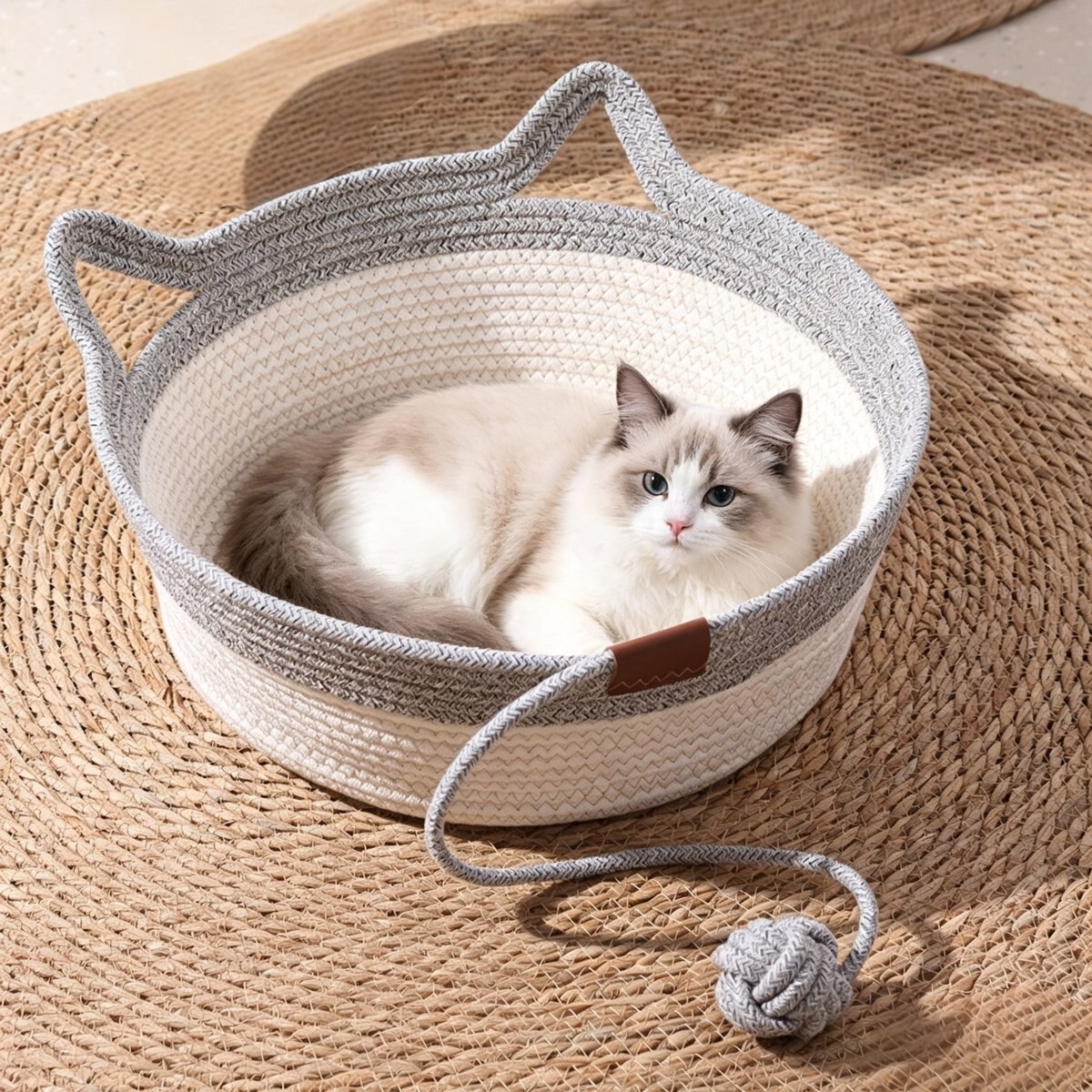 DOPZER Round Breathable All-Season Cotton Rope Cat Bed Basket, Grey, Large