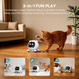 Shele Will AI Interactive Voice-Activated 3-in-1 Moving Laser & Feather Teaser Motion Toy with 10+ Sounds Robot Cat, Gray/Purple