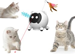Shele Will AI Interactive Voice-Activated 3-in-1 Moving Laser & Feather Teaser Motion Toy with 10+ Sounds Robot Cat, Black/White