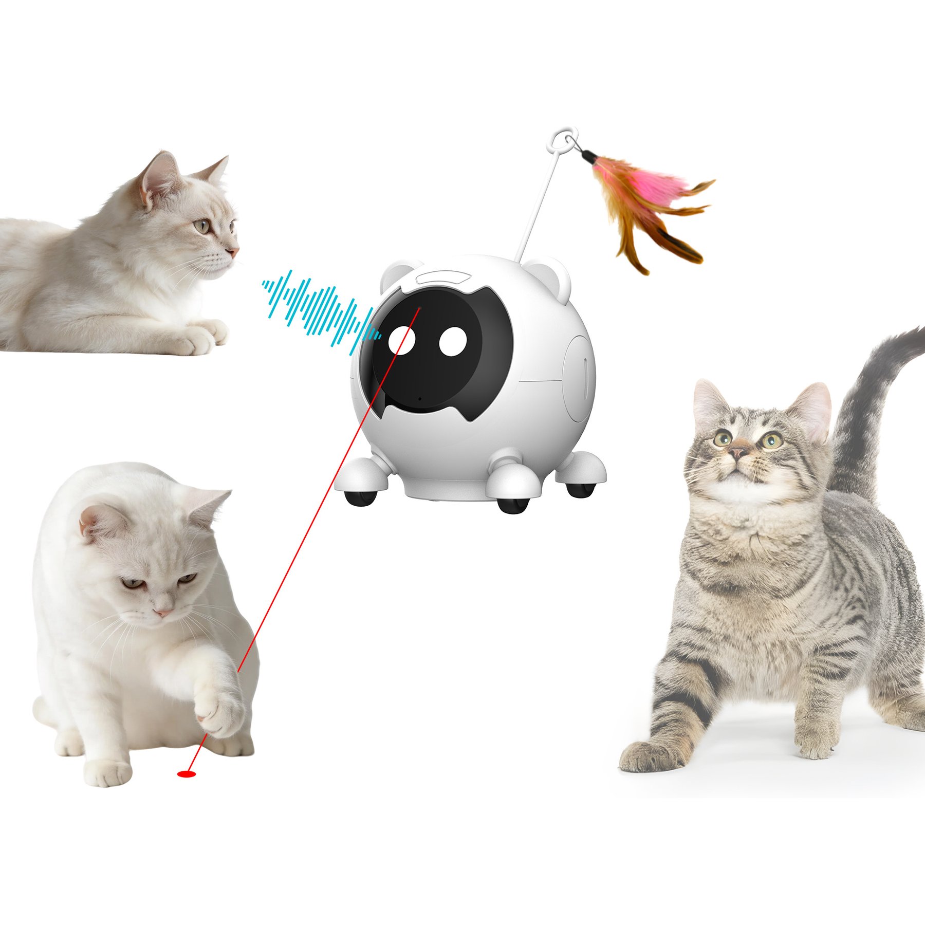 Shele Will AI Interactive Voice-Activated 3-in-1 Moving Laser & Feather Teaser Motion Toy with 10+ Sounds Robot Cat, Black/White