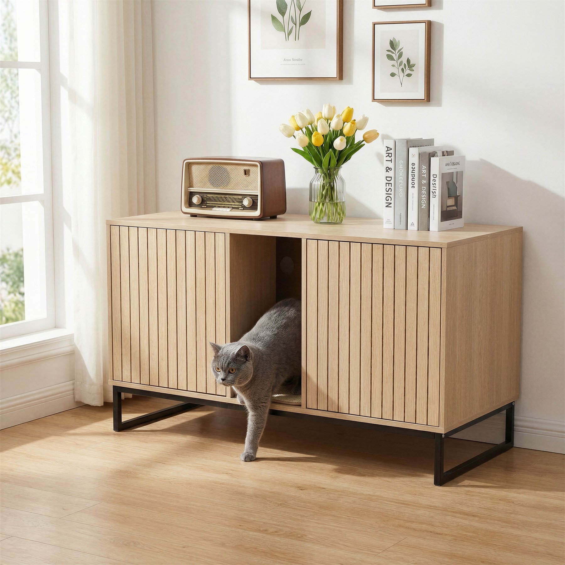 Yafylly Modern Wooden Cat House with Scratching Mat, Light Brown