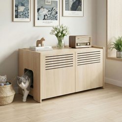 Yafylly Wooden Cat House with Scratching Pad, Beige Brown