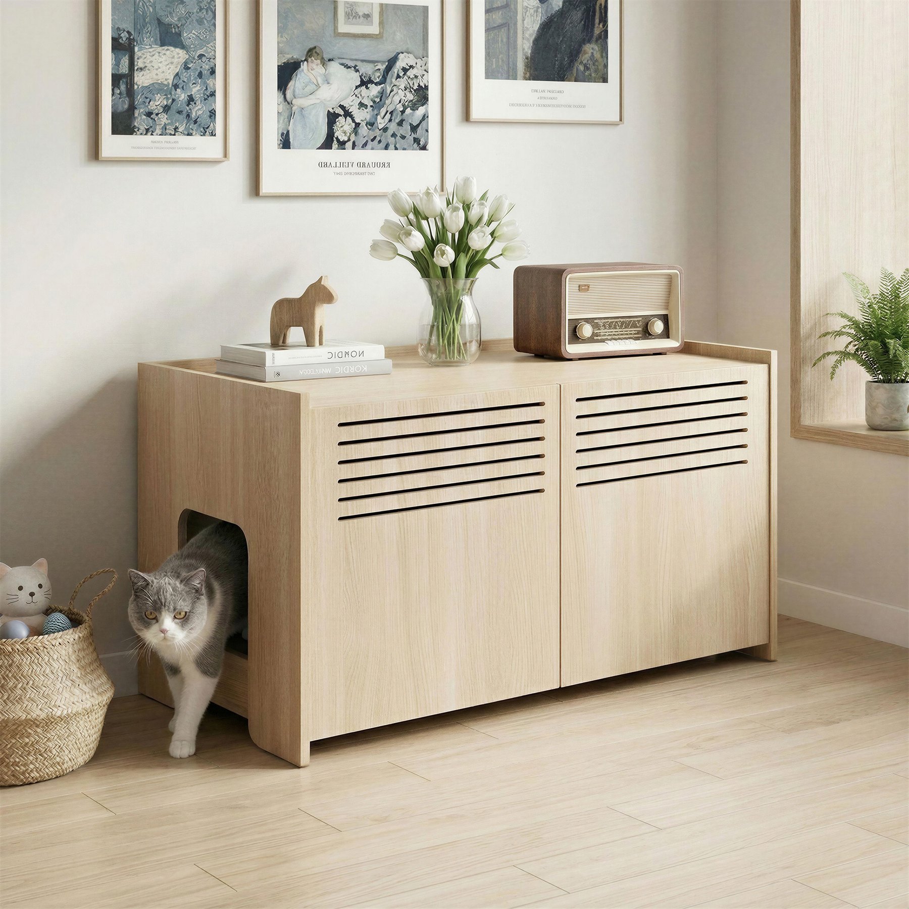 Yafylly Wooden Cat House with Scratching Pad, Beige Brown