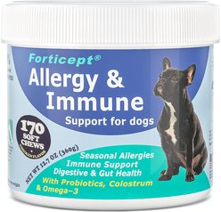 Forticept Immune Support Probiotics & Digestive Enzymes, Colostrum & Omega 3 Hot Spot & Itch Relief Chicken Flavored Chew Allergy Supplement for Dogs, 170 count