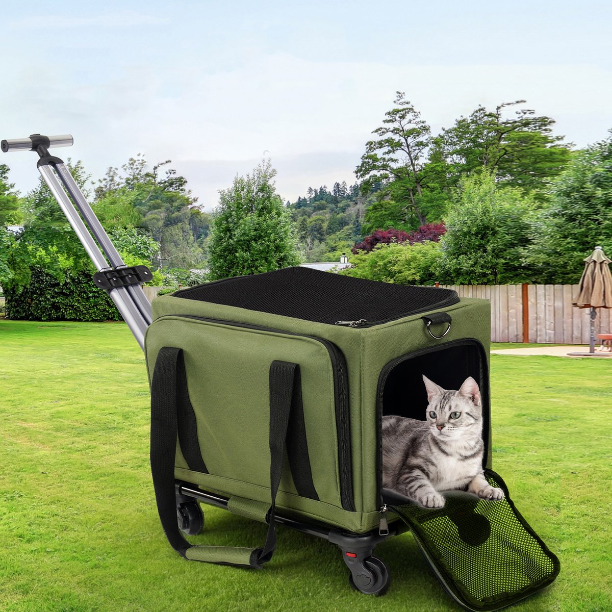 DOPZER Rolling Airline Approved Expandable Soft-Sided Small Dog & Cat Carrier with Removable Wheels & Telescopic Handle, Army Green, 17 x 11 x 11-in