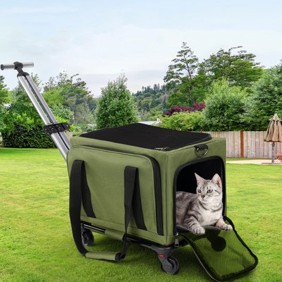 DOPZER DOPZER Rolling Airline Approved Expandable Soft-Sided Small Dog & Cat Carrier with Removable Wheels & Telescopic Handle, Army Green, 17 x 11 x 11-in