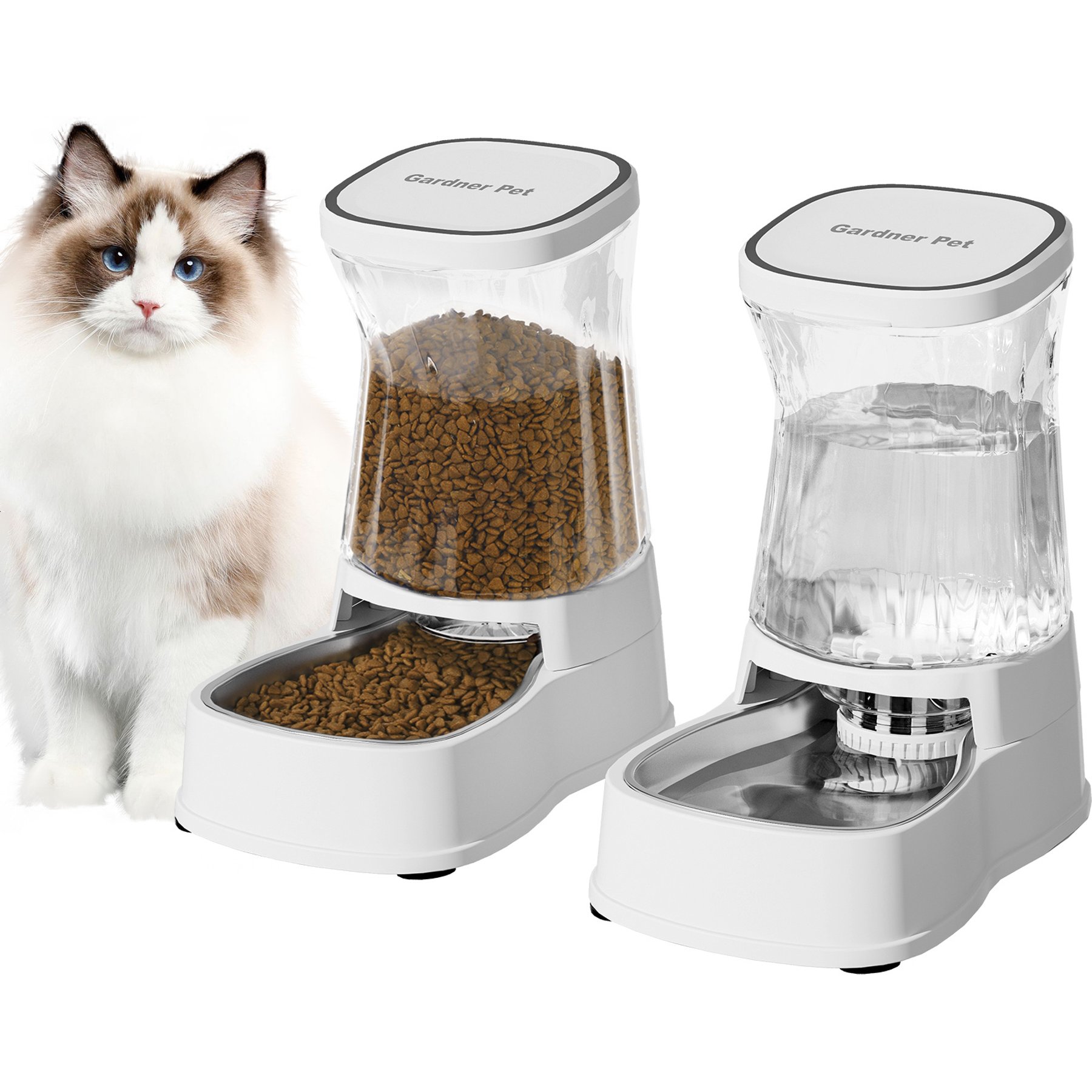Gardner Pet Stainless Steel Bowls Water Dispenser with Filter, Gravity, BPA-Free Polypropylene Dog & Cat Waterer & Feeder, 2-gallon, White
