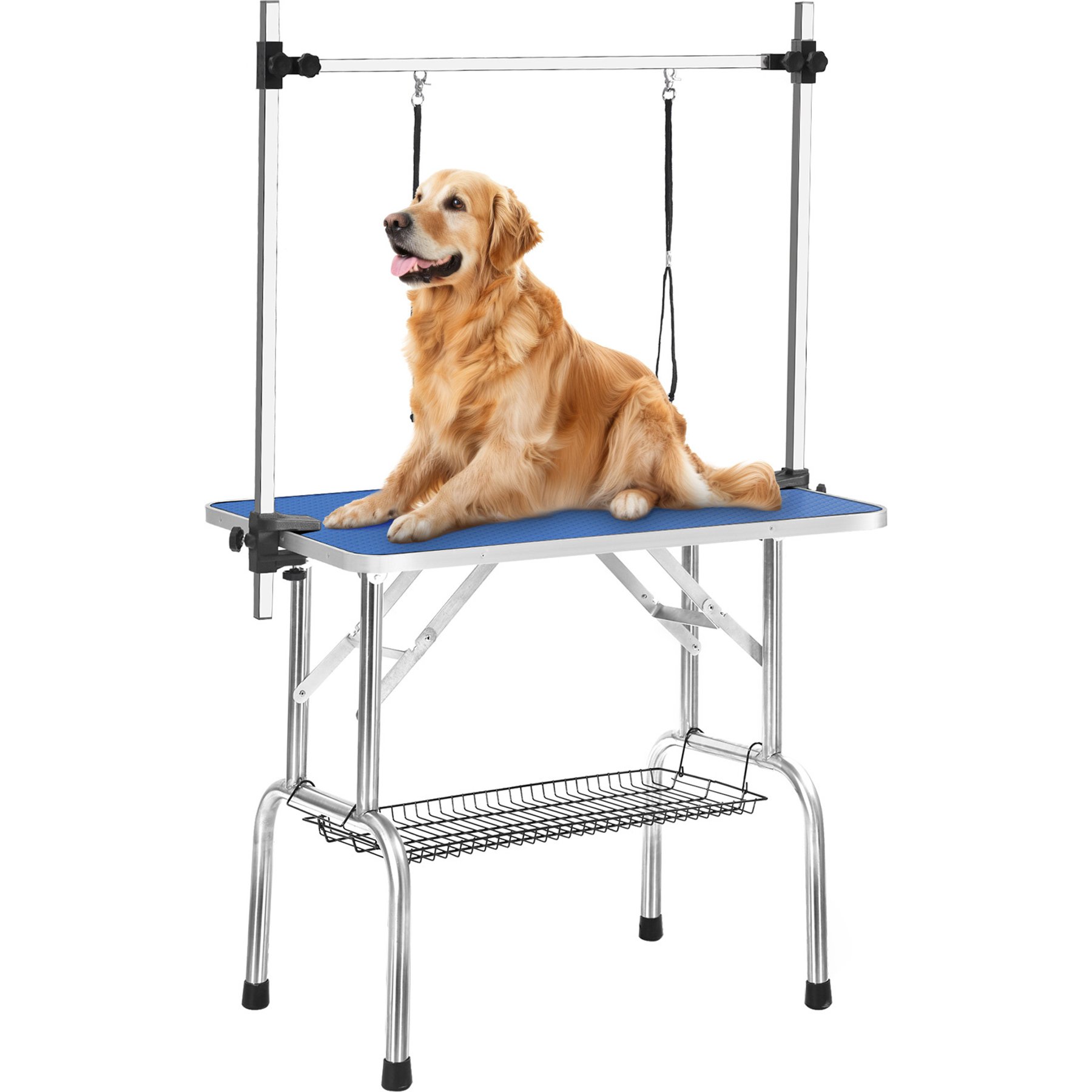 Yafylly Stainless Steel Frame Adjustable Arm & Safety Clamps Non-Slip Rubber Surface Folding Dog & Cat Grooming Table, Blue, Medium: 46-in