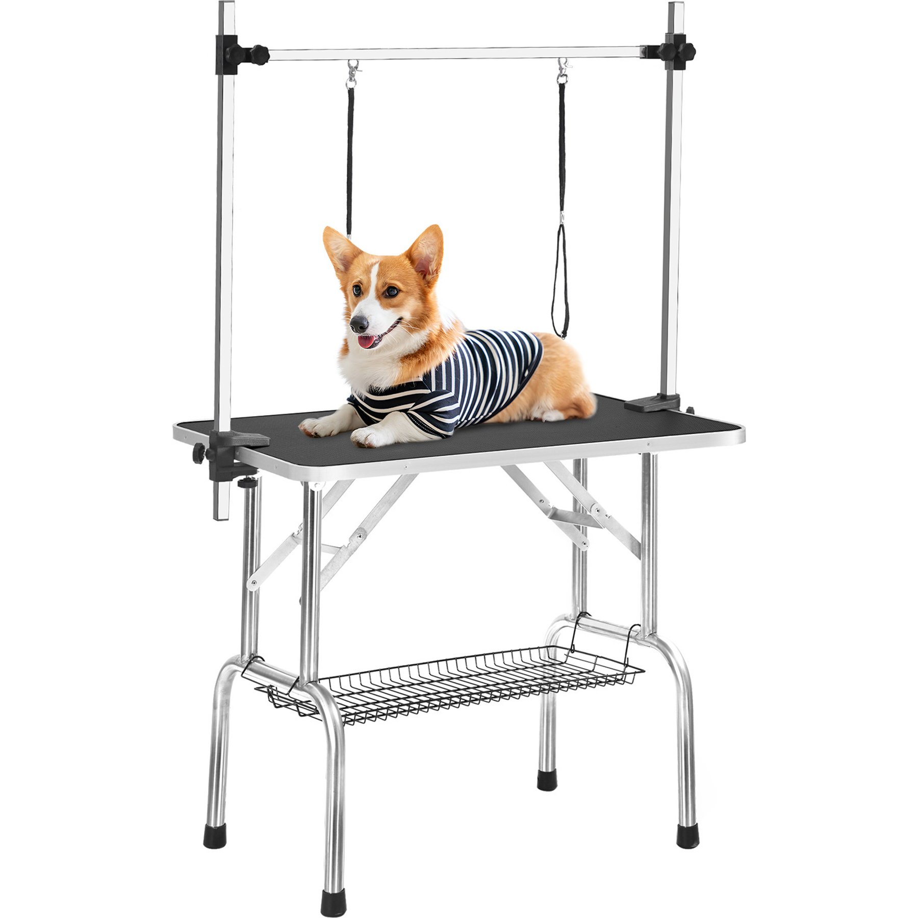 Yafylly Stainless Steel Frame Adjustable Arm & Safety Clamps Non-Slip Rubber Surface Folding Dog & Cat Grooming Table, Black, Medium: 46-in