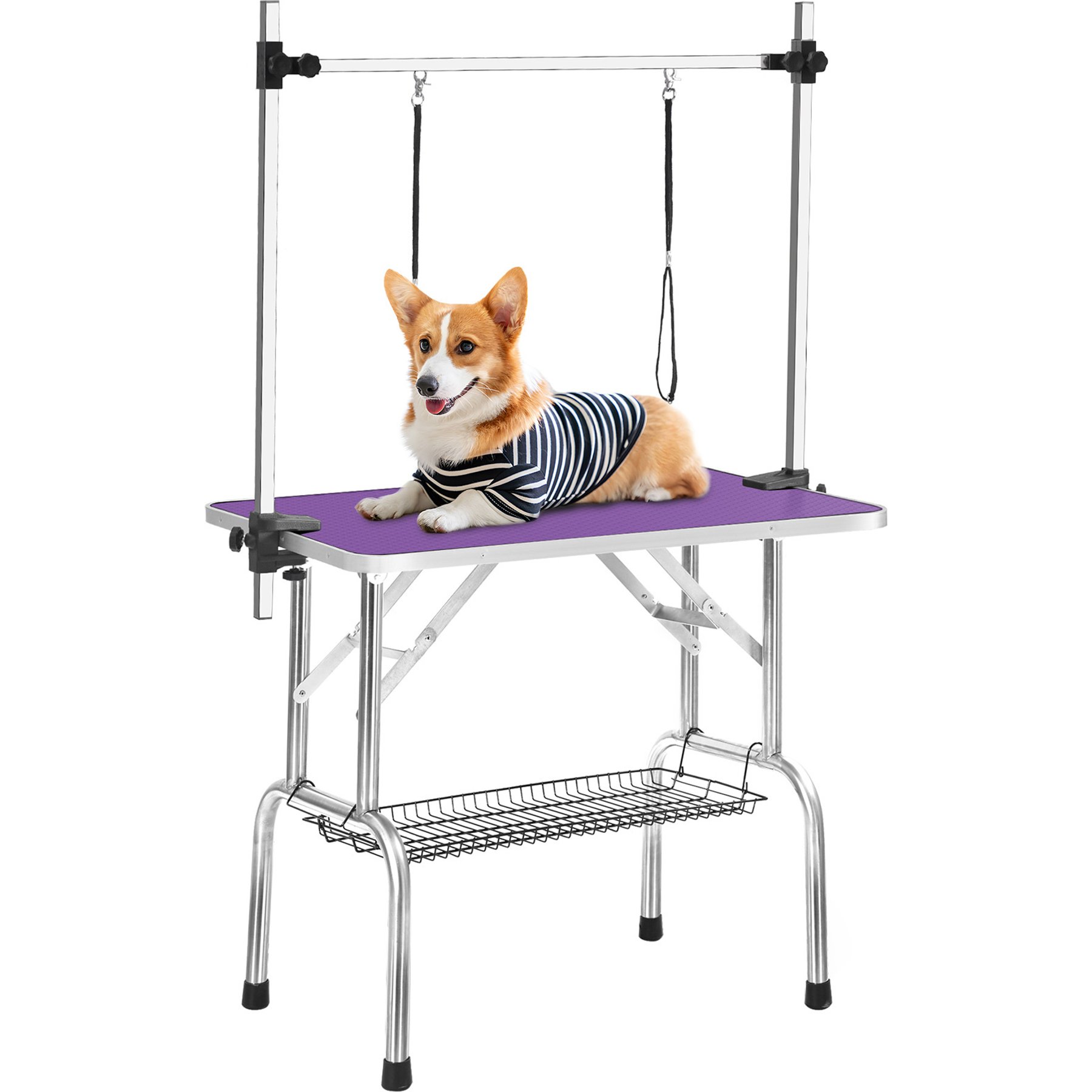 Yafylly Stainless Steel Frame Adjustable Arm & Safety Clamps Non-Slip Rubber Surface Folding Dog & Cat Grooming Table, Purple, Medium: 36-in