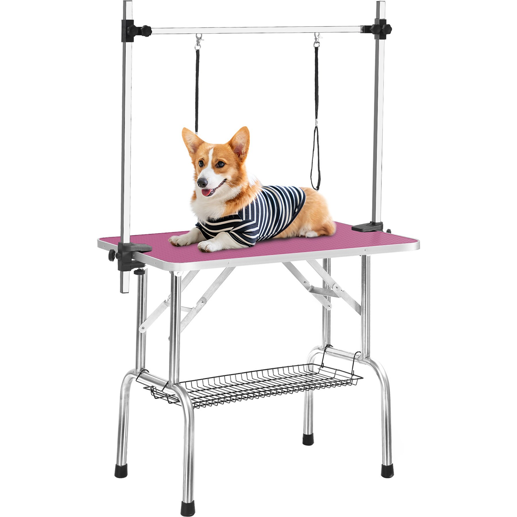 Yafylly Stainless Steel Frame Adjustable Arm & Safety Clamps Non-Slip Rubber Surface Folding Dog & Cat Grooming Table, Pink, Medium: 46-in