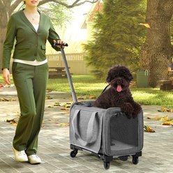 SMONTER Multi Carry Rolling Travel Dog Carrier Bag with Removable Wheels, Washable Plush Mat, Shoulder Strap & Adjustable Telescopic Handle, Grey, 18-in