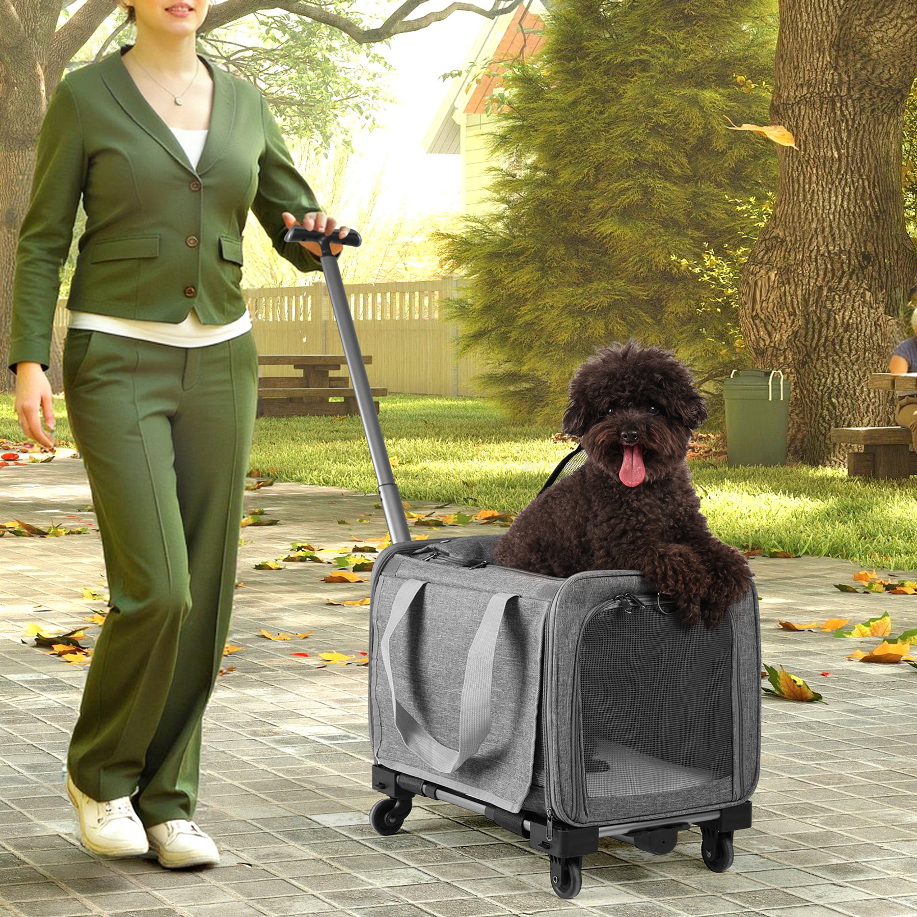 SMONTER Multi Carry Rolling Travel Dog Carrier Bag with Removable Wheels, Washable Plush Mat, Shoulder Strap & Adjustable Telescopic Handle, Grey, 18-in