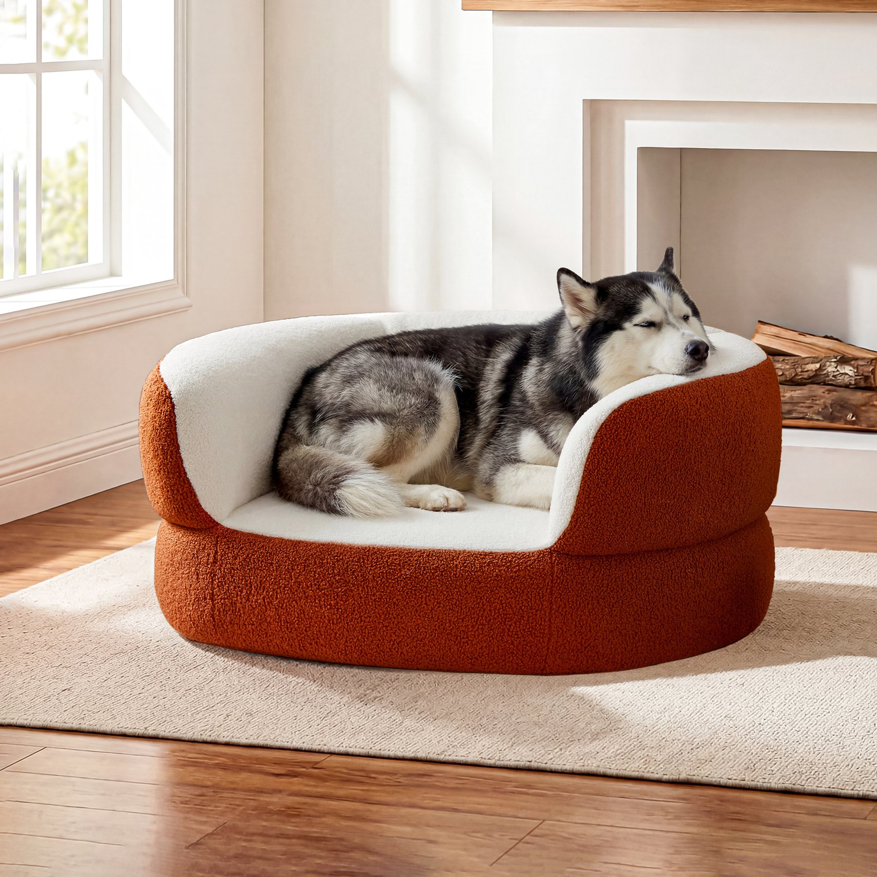 ATJafurn Luxurious Indoor Faux Shearling Semi Wrapped Round Orthopedic Furniture Style Sofa Elevated Dog Couch Bed, Orange, Large: 39.4-in