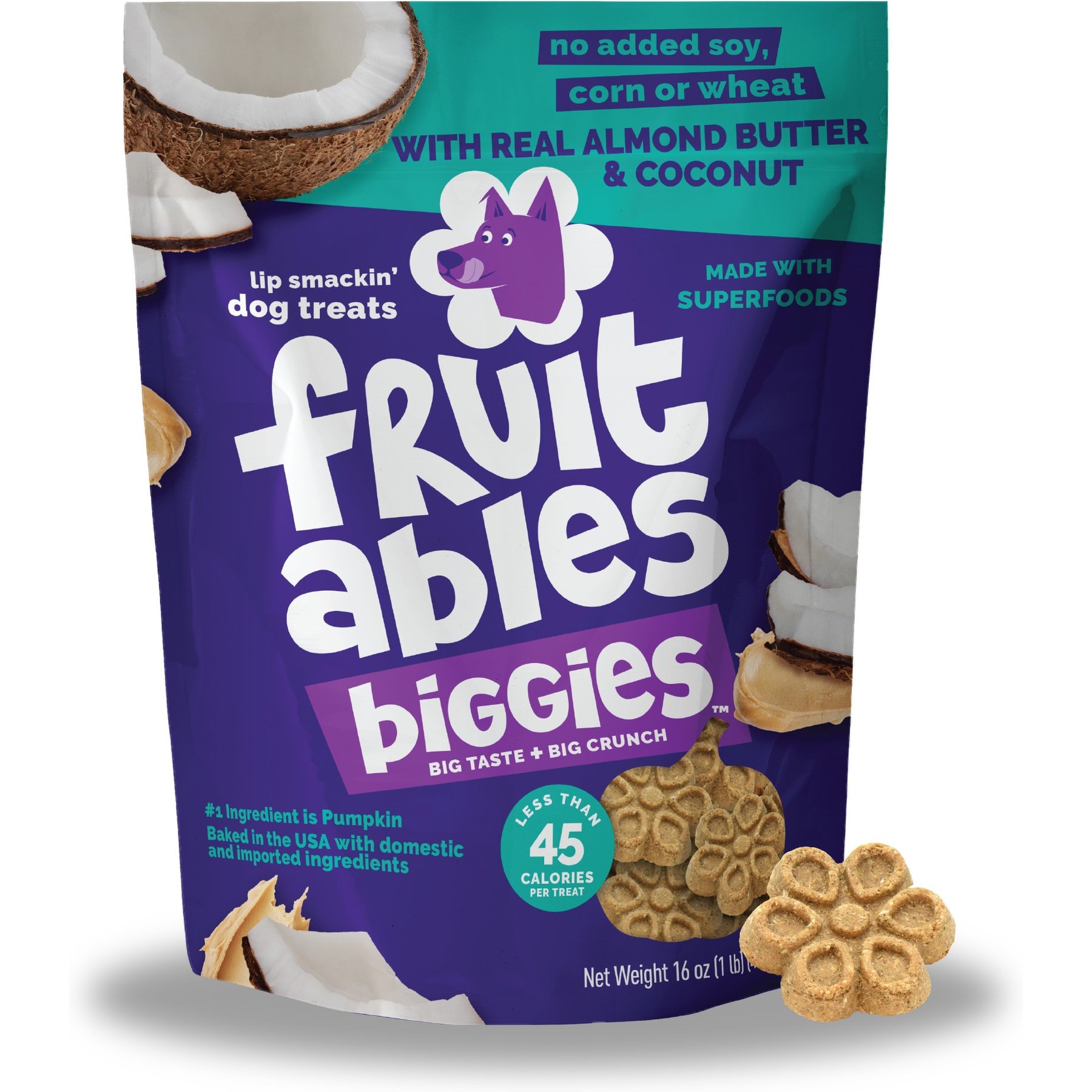 Fruitables Biggies with Real Almond Butter & Coconut Dog Treats, 16-oz bag