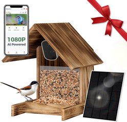 Coziwow Wooden Solar Powered AI 1080P HD Smart Bird Feeder with Camera, 2.5-L