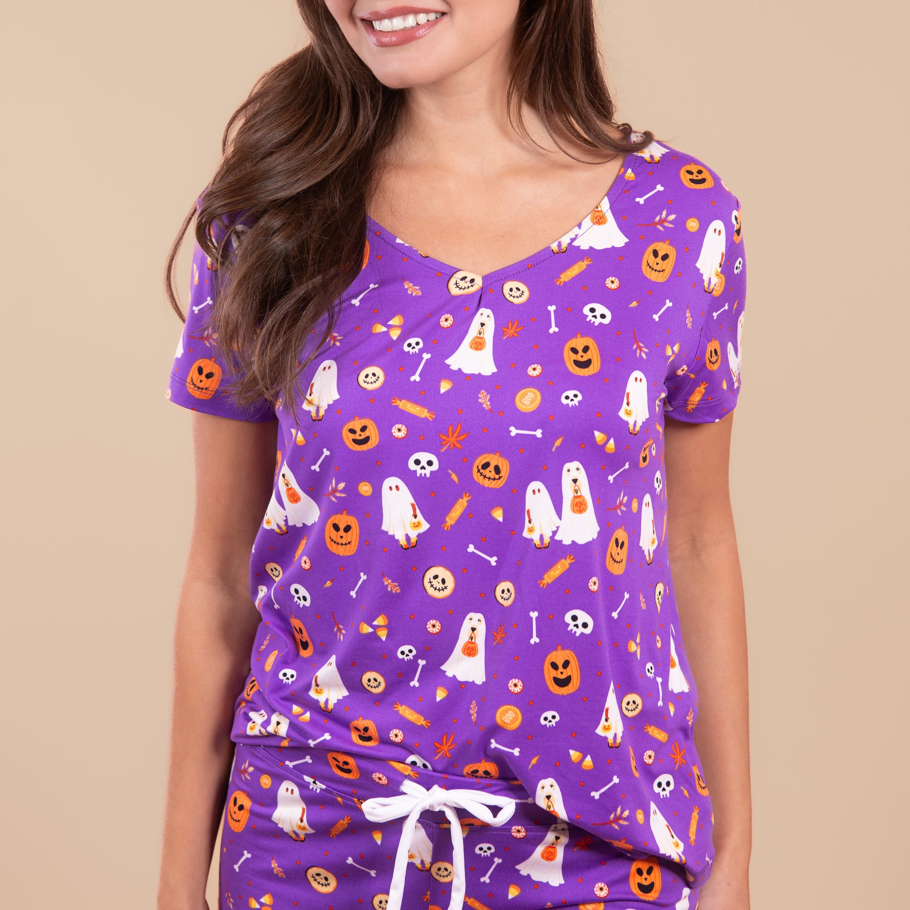 Amanda Blu Trick or Treat Pups V-Neck Pajama Top, Medium