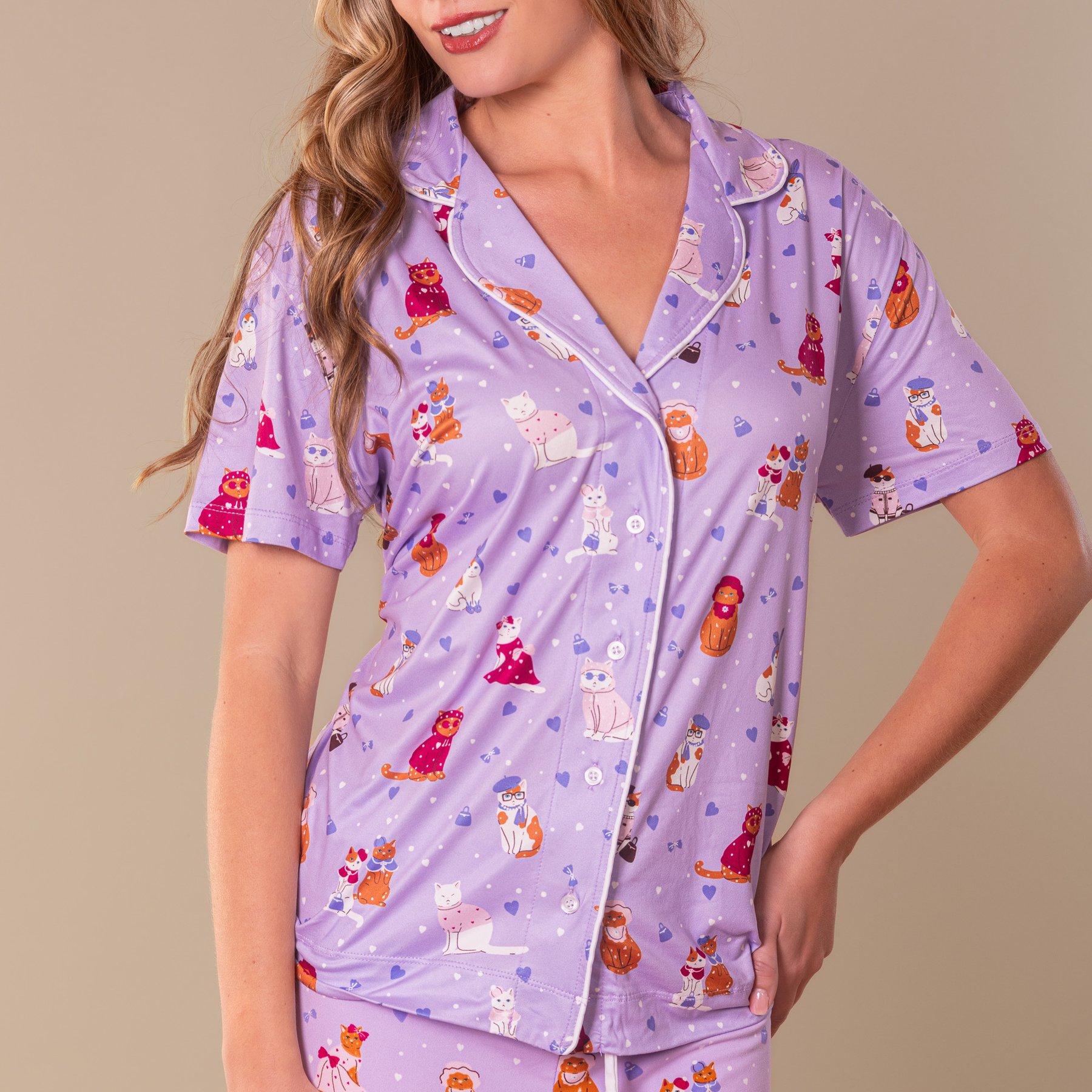 Amanda Blu Cattitude Notch Collar Pajama Top, Medium