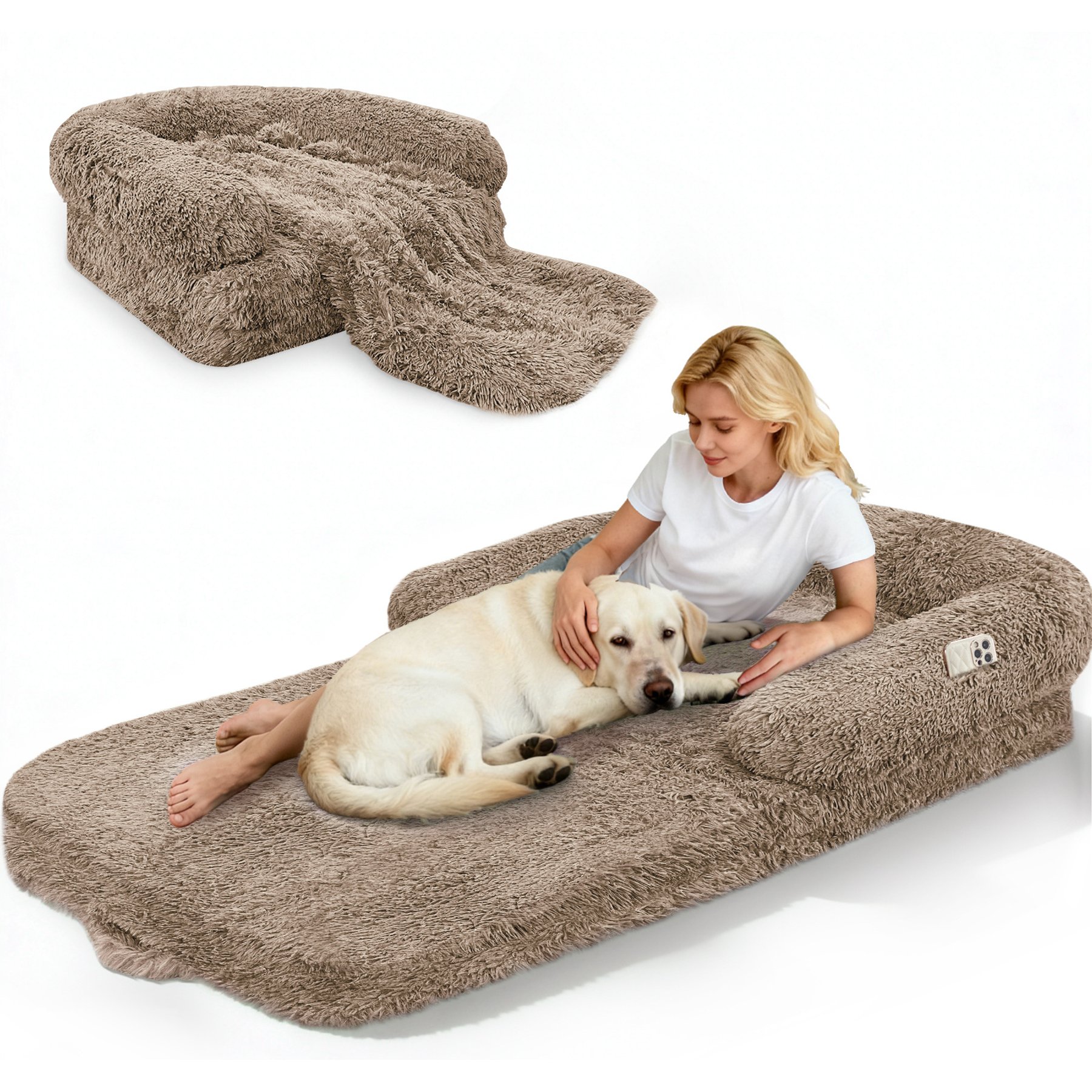 PawsNestParlor Foldable Oversize Human Orthopedic Covered Dog Bed with 10-cm Thick Memory Foam & Blanket, 71 x 38 x 9-in, Khaki