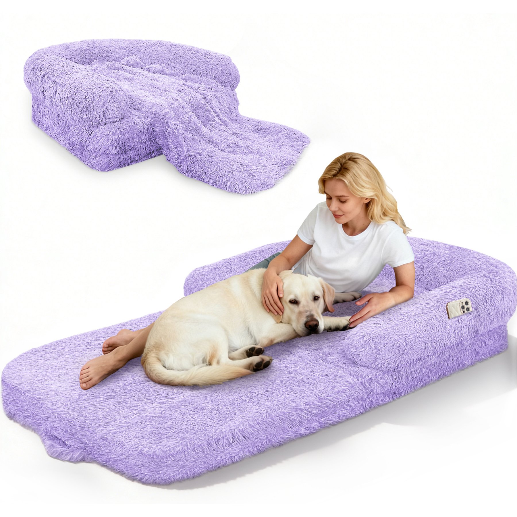 PawsNestParlor Foldable Oversize Human Orthopedic Covered Dog Bed with 10-cm Thick Memory Foam & Blanket, 71 x 38 x 9-in, Purple