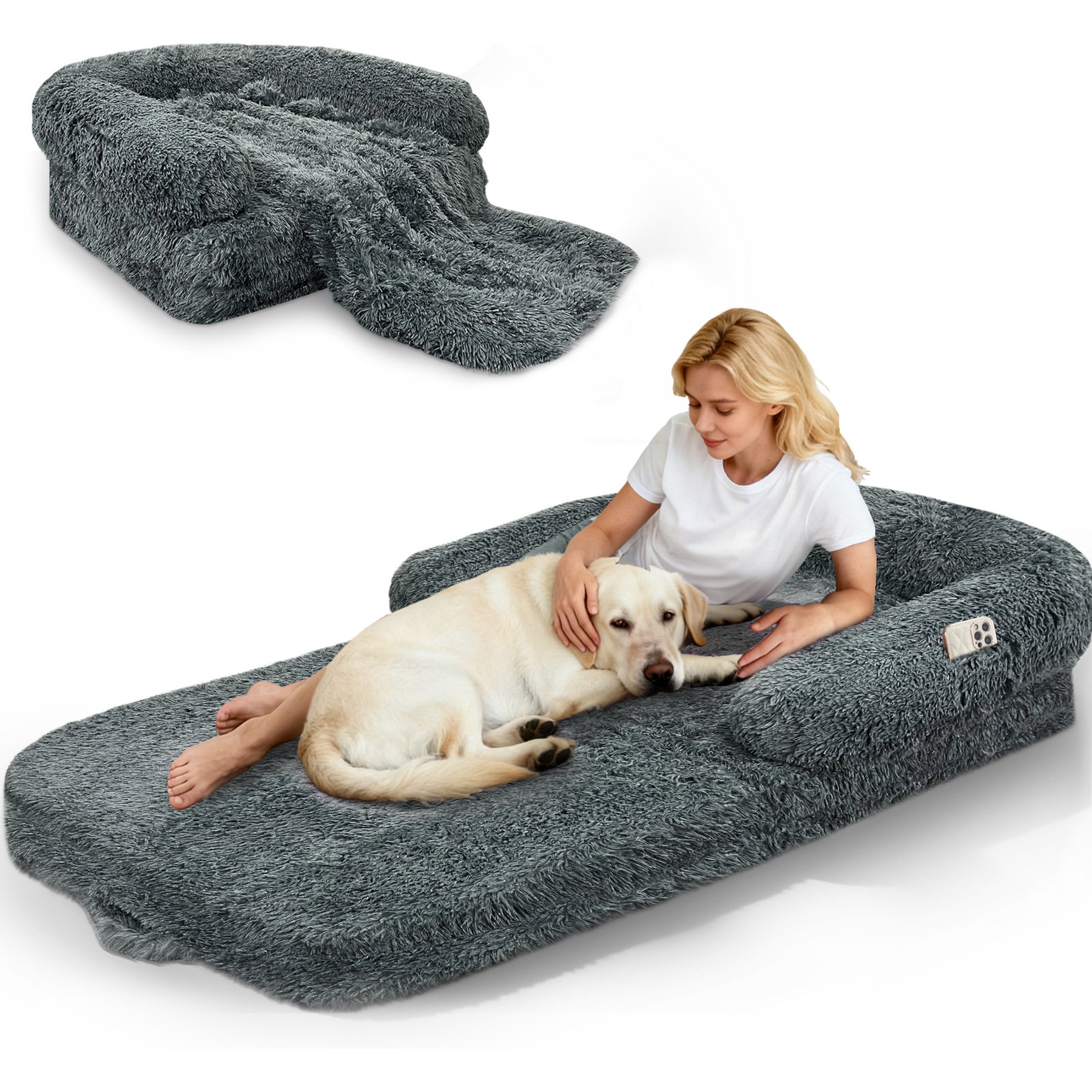PawsNestParlor Foldable Oversize Human Orthopedic Covered Dog Bed with 10-cm Thick Memory Foam & Blanket, 71 x 38 x 9-in, Dark Grey