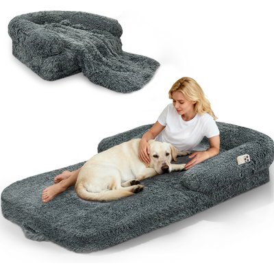 PawsNestParlor PawsNestParlor Foldable Oversize Human Orthopedic Covered Dog Bed with 10-cm Thick Memory Foam & Blanket, 71 x 38 x 9-in, Dark Grey