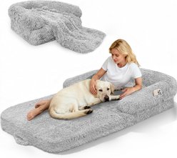 PawsNestParlor Foldable Oversize Human Orthopedic Covered Dog Bed with 10-cm Thick Memory Foam & Blanket, 71 x 38 x 9-in, Grey
