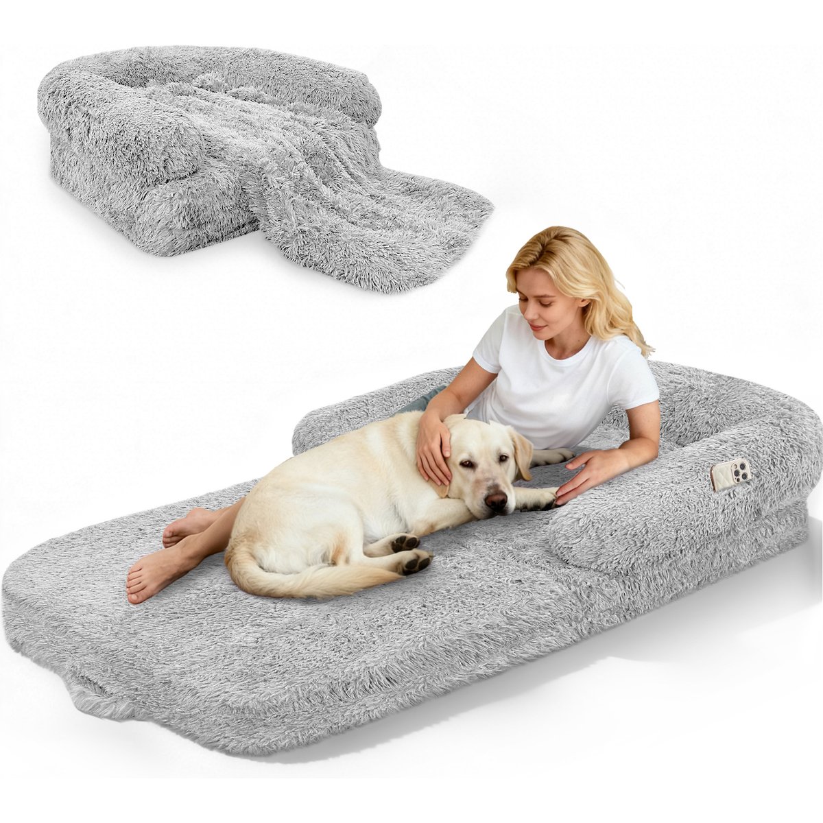 PawsNestParlor Foldable Oversize Human Orthopedic Covered Dog Bed with 10-cm Thick Memory Foam & Blanket, 71 x 38 x 9-in, Grey