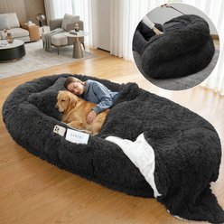 PawsNestParlor Washable Faux Fur Orthopedic Covered Human Dog Bed with Plump Pillow, Blanket & Strap, 71 x 45 x 12-in, Black