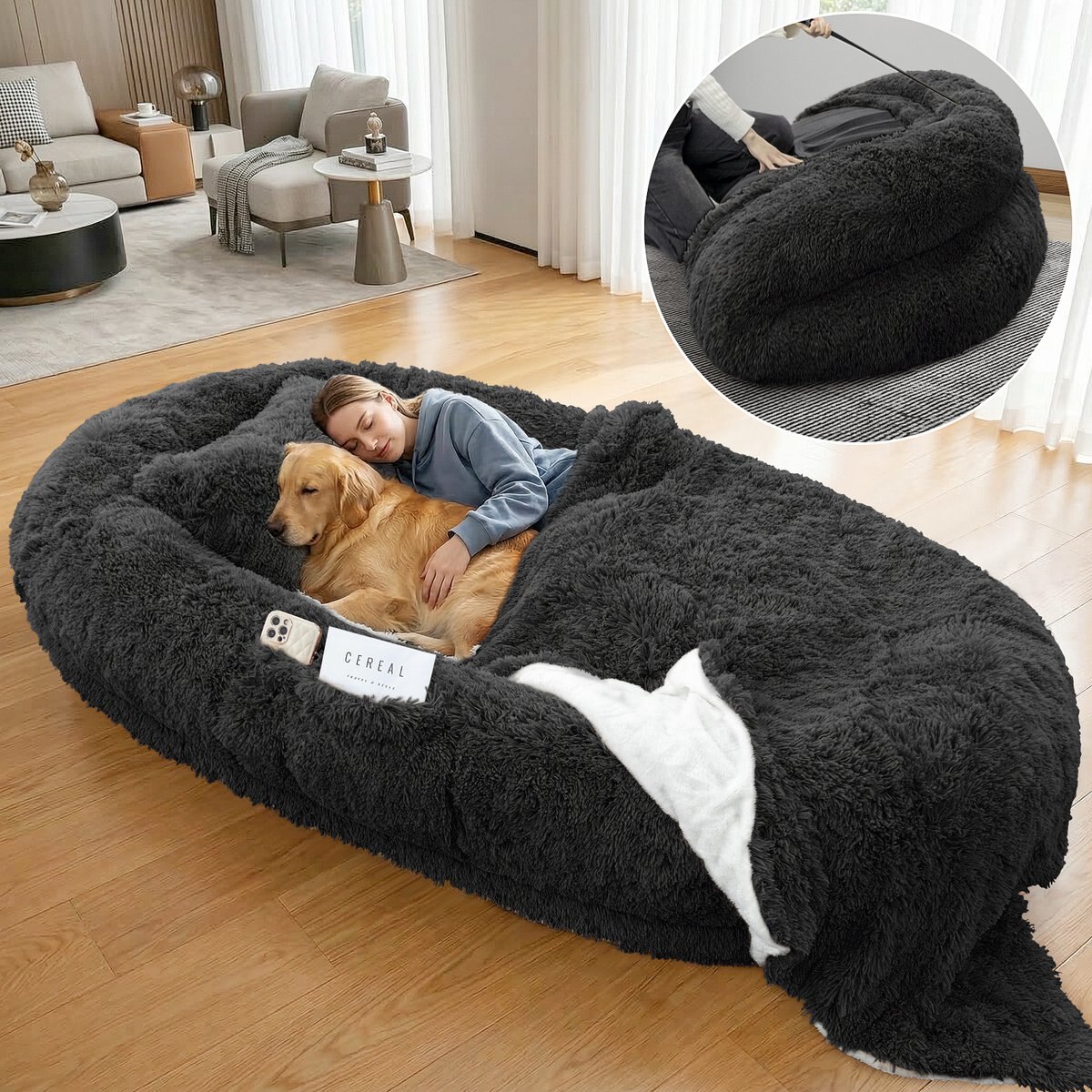 PawsNestParlor Washable Faux Fur Orthopedic Covered Human Dog Bed with Plump Pillow, Blanket & Strap, 71 x 45 x 12-in, Black