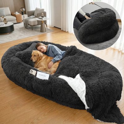 PawsNestParlor PawsNestParlor Washable Faux Fur Orthopedic Covered Human Dog Bed with Plump Pillow, Blanket & Strap, 71 x 45 x 12-in, Black