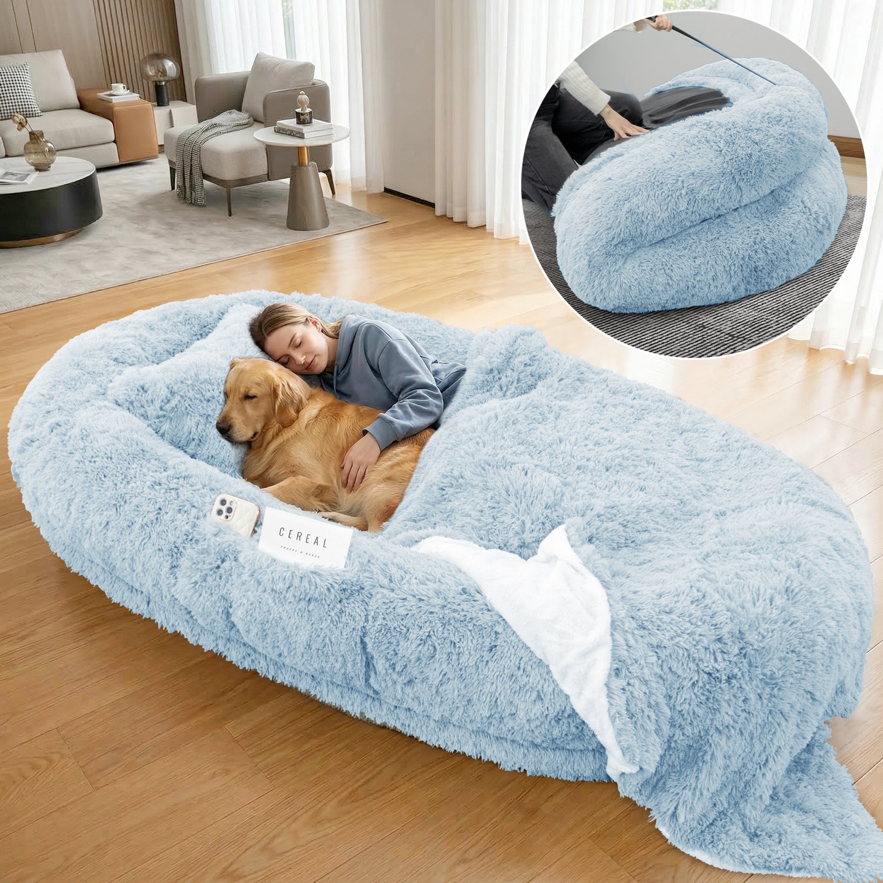 PawsNestParlor Washable Faux Fur Orthopedic Covered Human Dog Bed with Plump Pillow, Blanket & Strap, 71 x 45 x 12-in, Blue