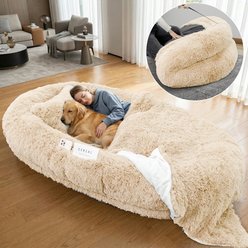 PawsNestParlor Washable Faux Fur Orthopedic Covered Human Dog Bed with Plump Pillow, Blanket & Strap, 71 x 45 x 12-in, Beige