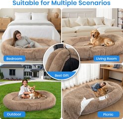 PawsNestParlor Washable Faux Fur Orthopedic Covered Human Dog Bed with Plump Pillow, Blanket & Strap, 71 x 45 x 12-in, Khaki slide 2 of 7