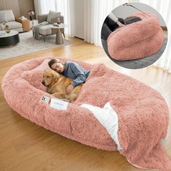PawsNestParlor Washable Faux Fur Orthopedic Covered Human Dog Bed with Plump Pillow, Blanket & Strap, 71 x 45 x 12-in, Pink