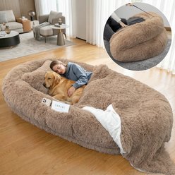PawsNestParlor Washable Faux Fur Orthopedic Covered Human Dog Bed with Plump Pillow, Blanket & Strap, 71 x 45 x 12-in, Khaki