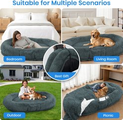 PawsNestParlor Human Washable Faux Fur Orthopedic Covered Dog Bed with Plump Pillow, Blanket & Strap, 78 x 45 x 12-in, Dark Grey slide 2 of 6