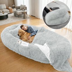 PawsNestParlor Washable Faux Fur Orthopedic Covered Human Dog Bed with Plump Pillow, Blanket & Strap, 71 x 45 x 12-in, Grey slide 1 of 7
