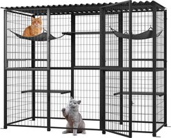 PawsNestParlor Waterproof Roof Catio Enclosure with Platforms & Hammocks Metal Outdoor Cat House, 70.1 x 21.65 x 61-in, Black