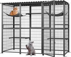 PawsNestParlor Waterproof Roof Catio Enclosure with Platforms & Hammocks Metal Outdoor Cat House, 70.1 x 21.65 x 61-in, Grey