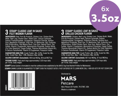 Show full view: Cesar Classic Loaf in Sauce Variety Pack Adult Filet Mignon & Grilled Chicken Wet Dog Food Trays, 3.5-oz, 6 count slide 4 of 10