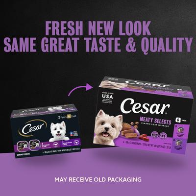 Show full view: Cesar Classic Loaf in Sauce Variety Pack Adult Filet Mignon & Grilled Chicken Wet Dog Food Trays, 3.5-oz, 6 count slide 3 of 10